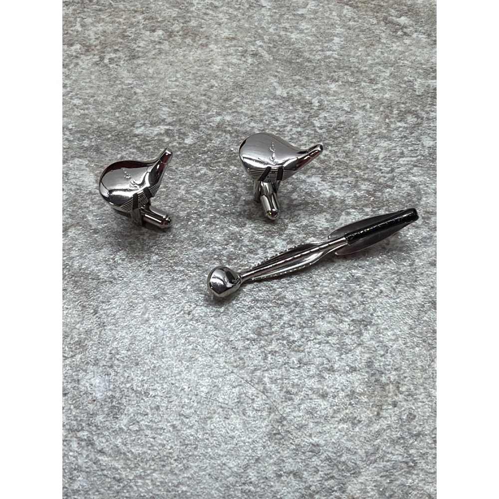 Hickok USA Vintage Silver Tone Golf Club Cufflinks and Tie Clip Set Mens Jewelry
